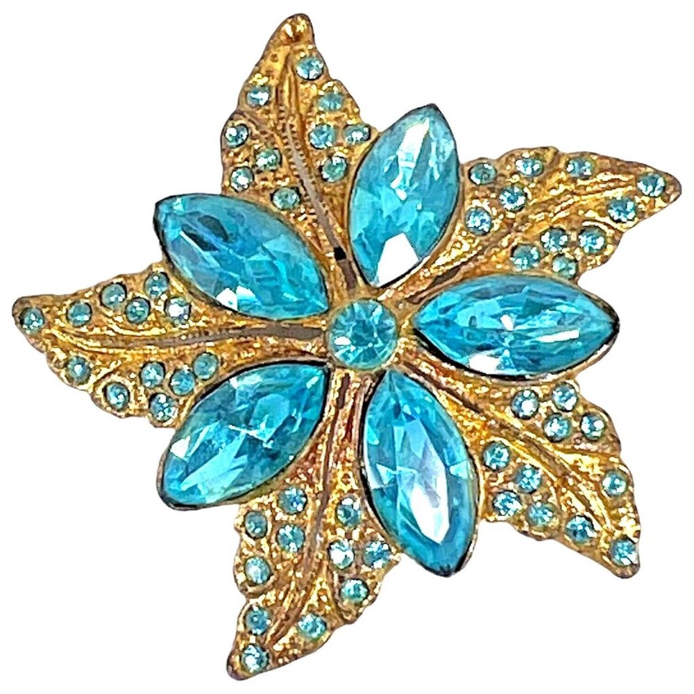 Vintage Blue Rhinestone Brooch Gold Tone Star Fish Shape 2 Inch Costume Jewelry